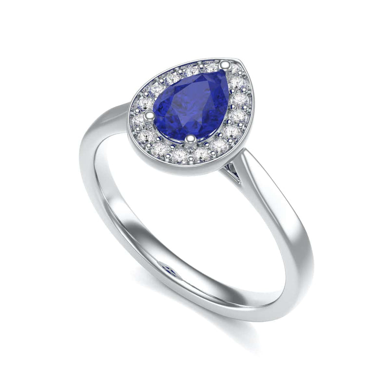 Diamond Halo Pear Shape Blue Sapphire Engagement Ring in 18ct Gold and Platinum