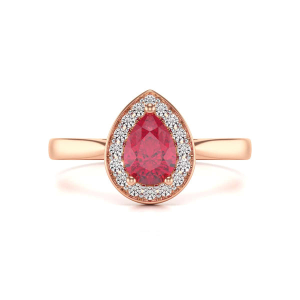 Pear Shape Halo Ruby Engagement Ring - Diamond in 18ct Gold and Platinum