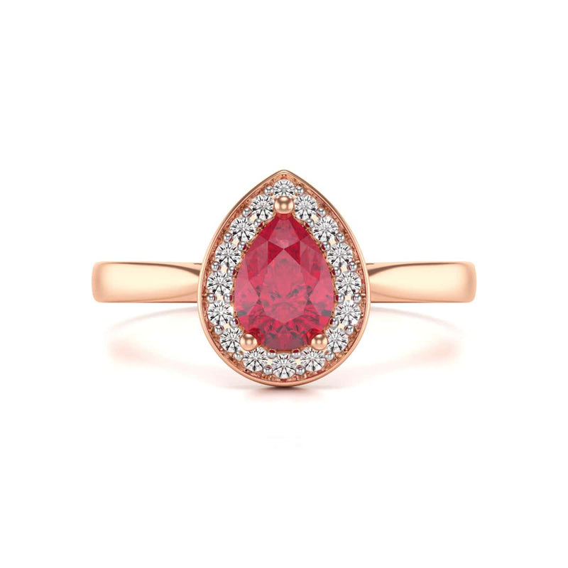 Pear Shape Halo Ruby Engagement Ring - Diamond in 18ct Gold and Platinum
