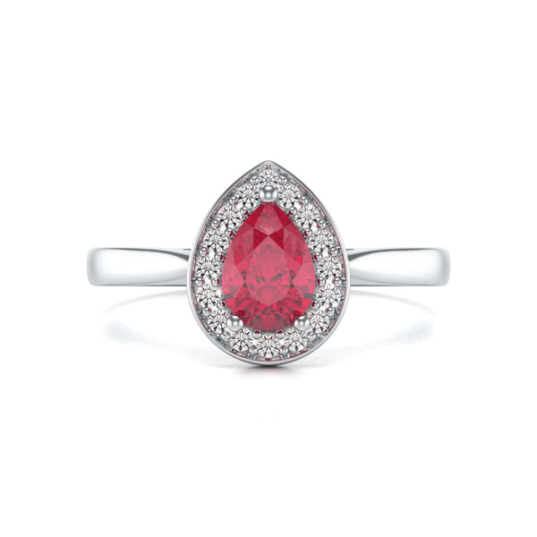 Pear Shape Halo Ruby Engagement Ring - Diamond in 18ct Gold and Platinum