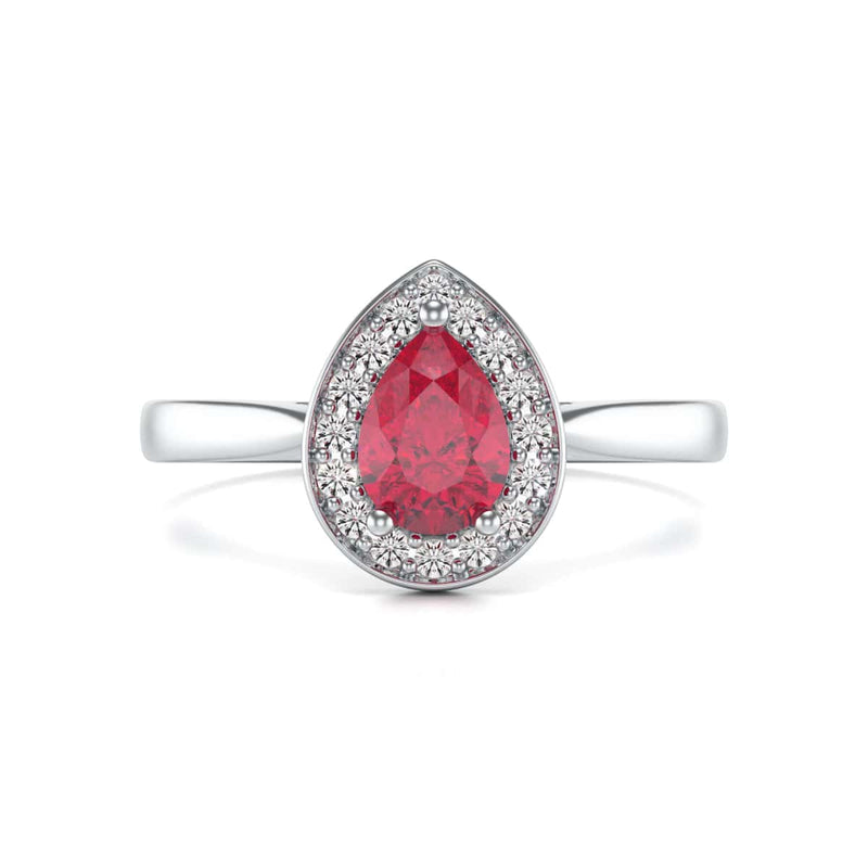Pear Shape Halo Ruby Engagement Ring - Diamond in 18ct Gold and Platinum