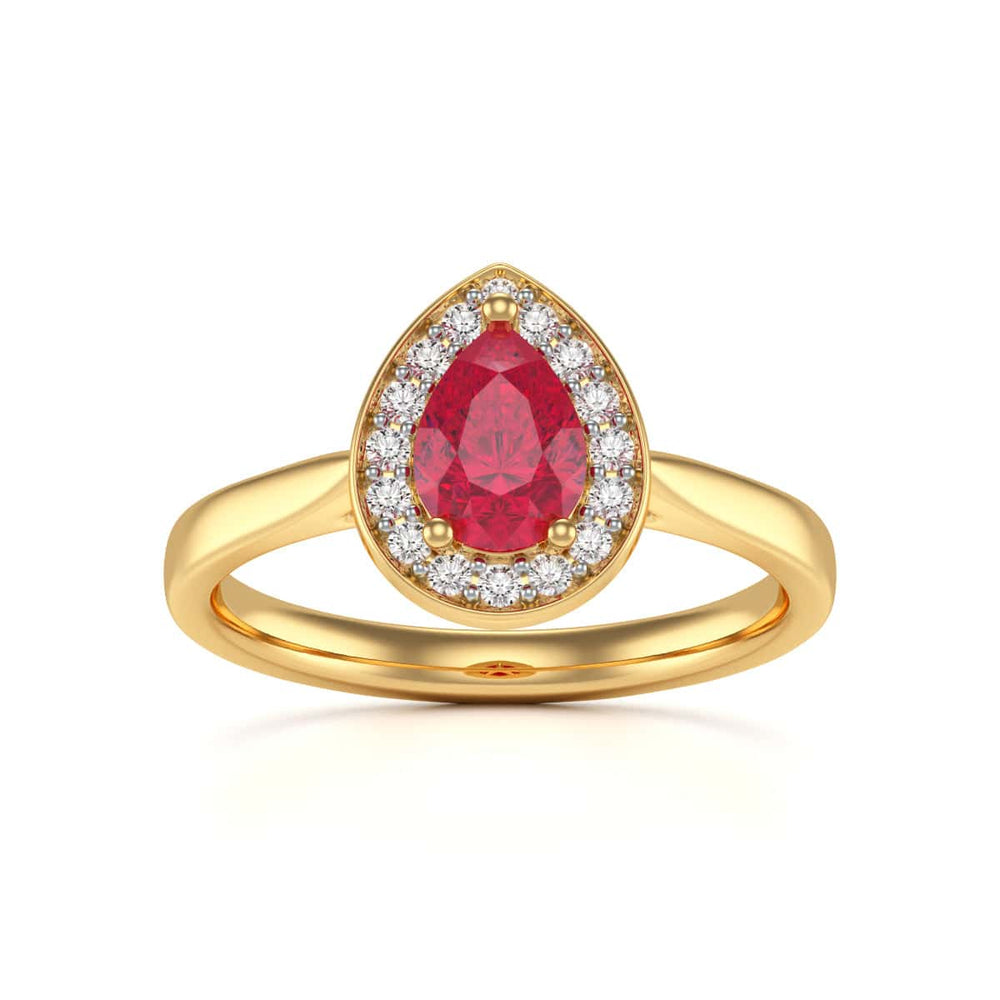 Pear Shape Halo Ruby Engagement Ring - Diamond in 18ct Gold and Platinum