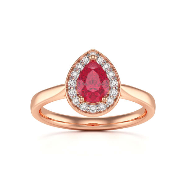 Pear Shape Halo Ruby Engagement Ring - Diamond in 18ct Gold and Platinum