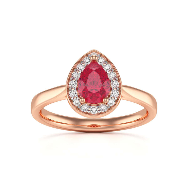 Pear Shape Halo Ruby Engagement Ring - Diamond in 18ct Gold and Platinum