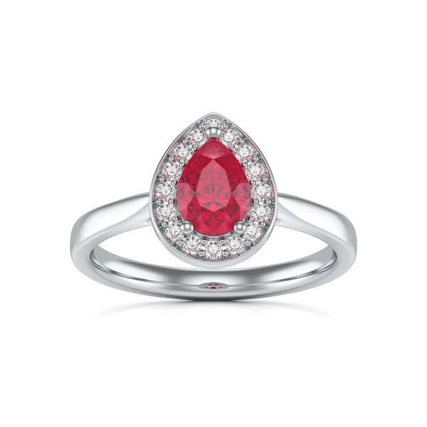 Pear Shape Halo Ruby Engagement Ring - Diamond in 18ct Gold and Platinum