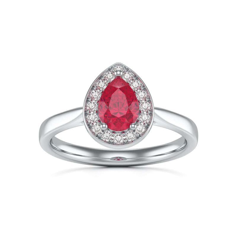 Pear Shape Halo Ruby Engagement Ring - Diamond in 18ct Gold and Platinum