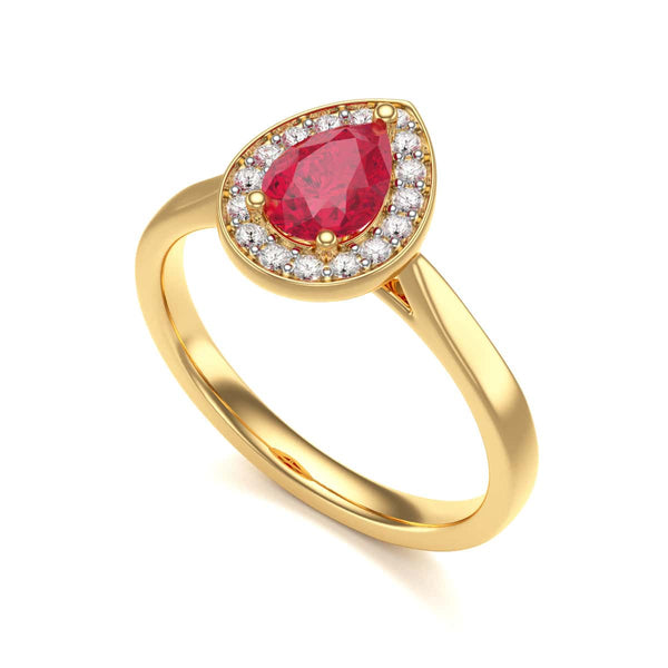 Pear Shape Halo Ruby Engagement Ring - Diamond in 18ct Gold and Platinum