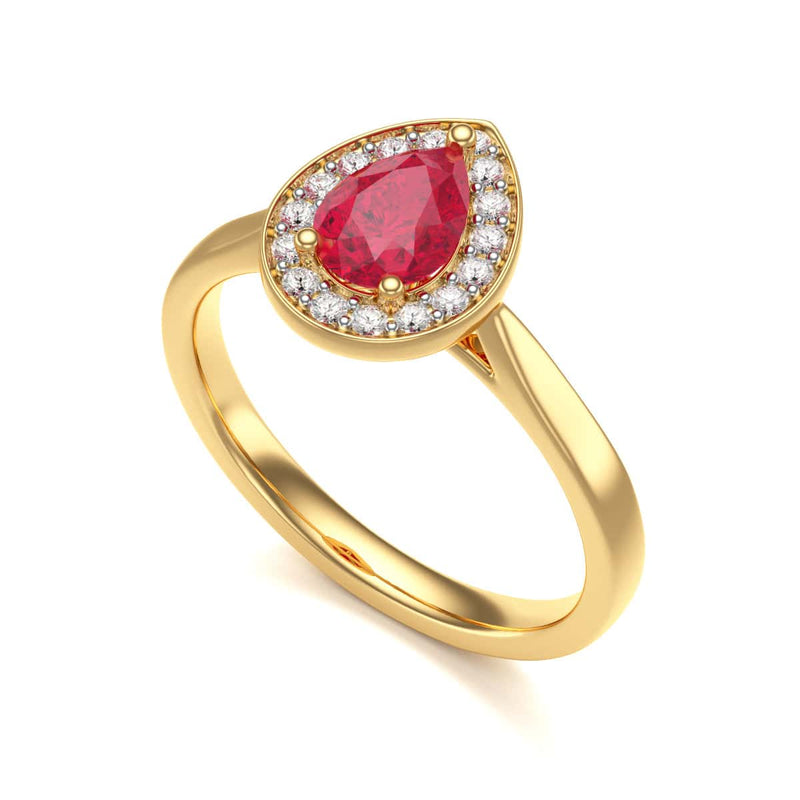 Pear Shape Halo Ruby Engagement Ring - Diamond in 18ct Gold and Platinum