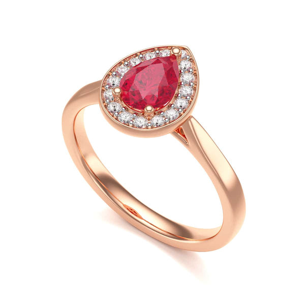 Pear Shape Halo Ruby Engagement Ring - Diamond in 18ct Gold and Platinum