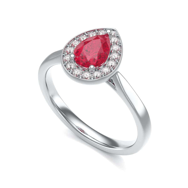 Pear Shape Halo Ruby Engagement Ring - Diamond in 18ct Gold and Platinum