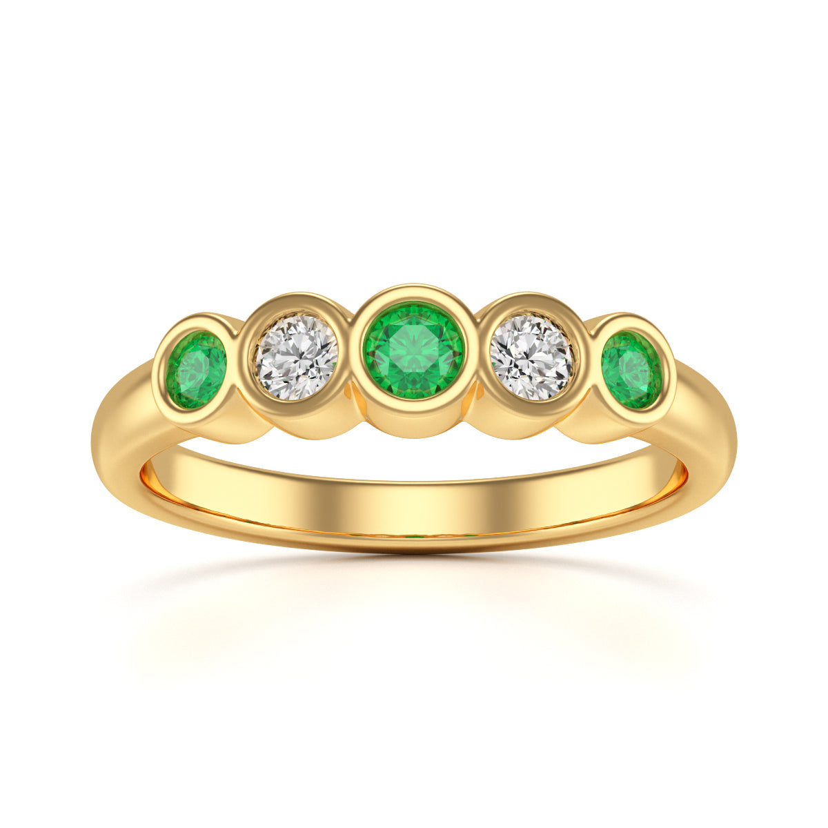 18ct Gold Emerald and Diamond bezel Set Five stone Eternity Ring