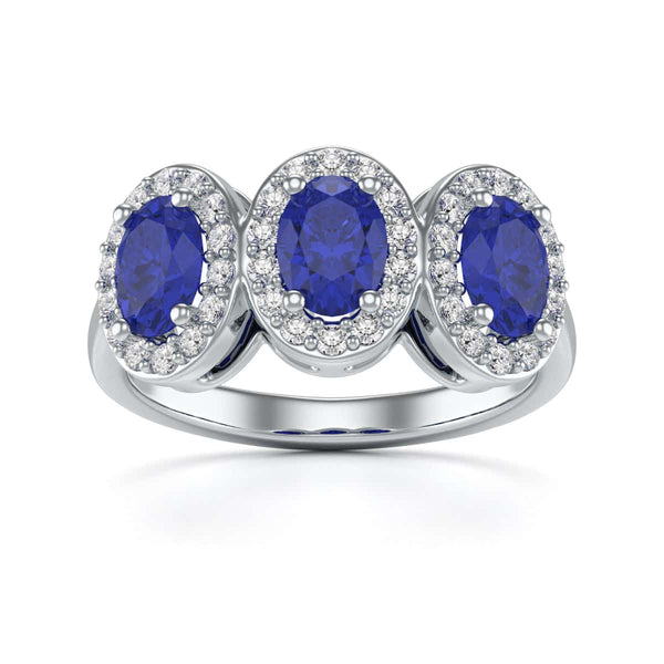 Diamond Halo Oval Shape 3 Blue Sapphires Ring in 18ct Gold and Platinum