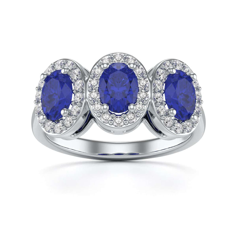 Diamond Halo Oval Shape 3 Blue Sapphires Ring in 18ct Gold and Platinum
