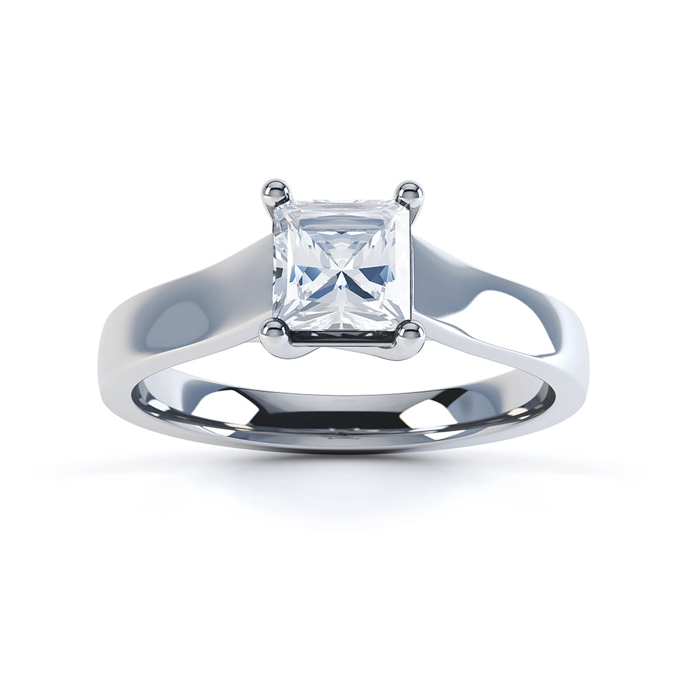Princess Cut Centre Stone, Four Claw Crossover, Parallel shoulders, Diamond Engagement Ring